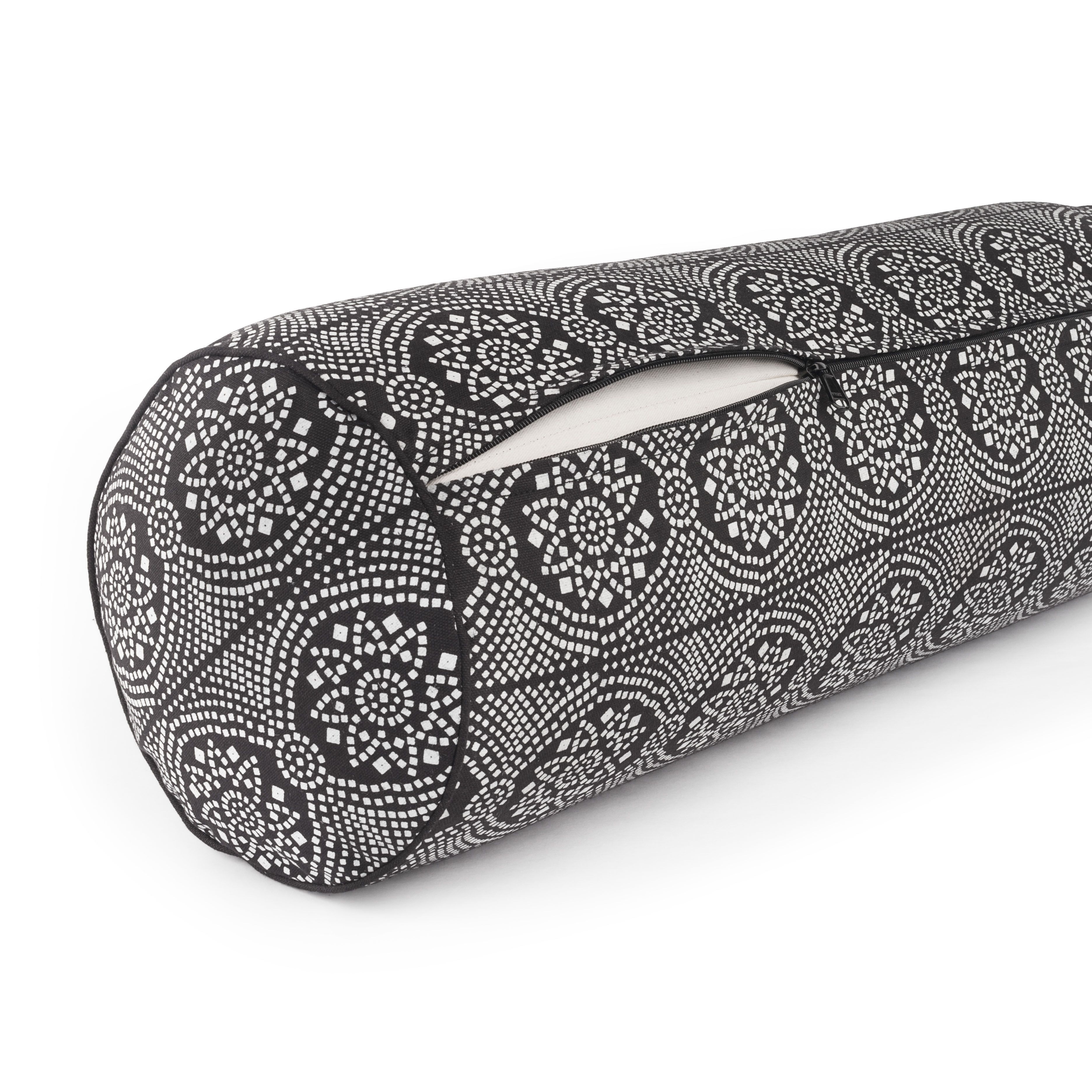 bodhi Collection Maharaja : Traversin de yoga à motifs (rond), "Bandhani", noir/blanc, KAPOK