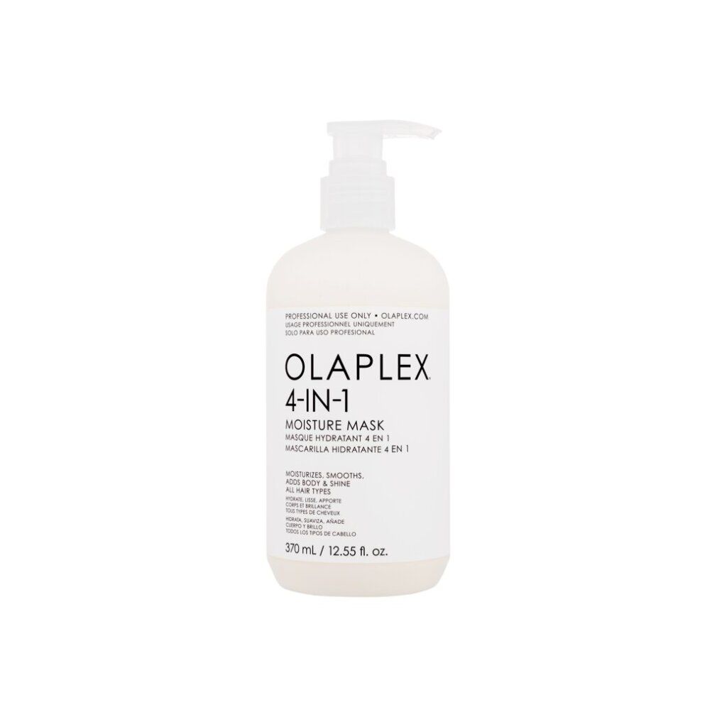 Masque hydratant Olaplex 4-en-1. Flacon blanc avec pompe. Texte : Moisture Mask, 370 ml. Pour tous types de cheveux.