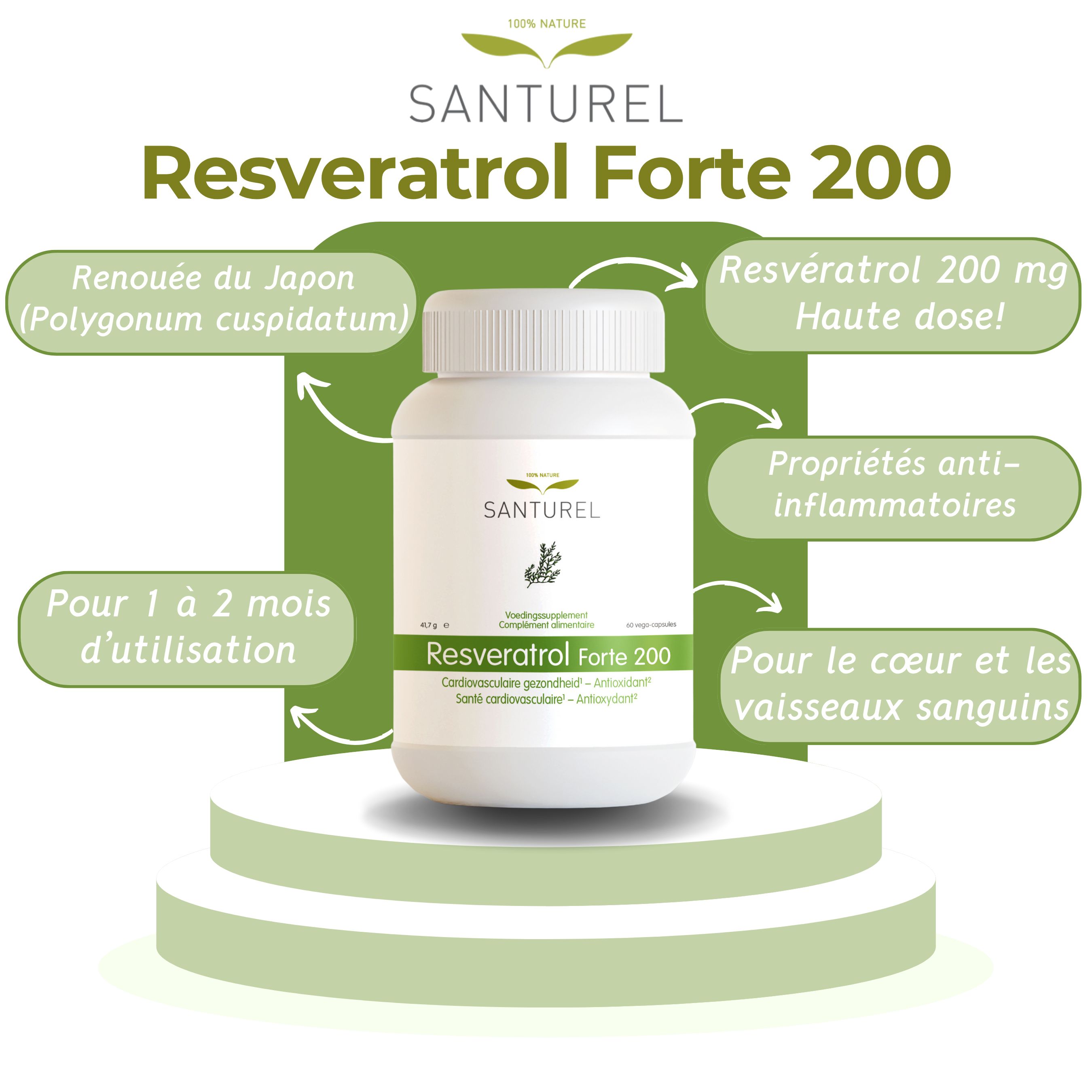 Image du produit Santurel Resvératrol Forte 200. Inscriptions: Resvératrol 200 mg, pour 1-2 mois, pour le cœur et les vaisseaux.