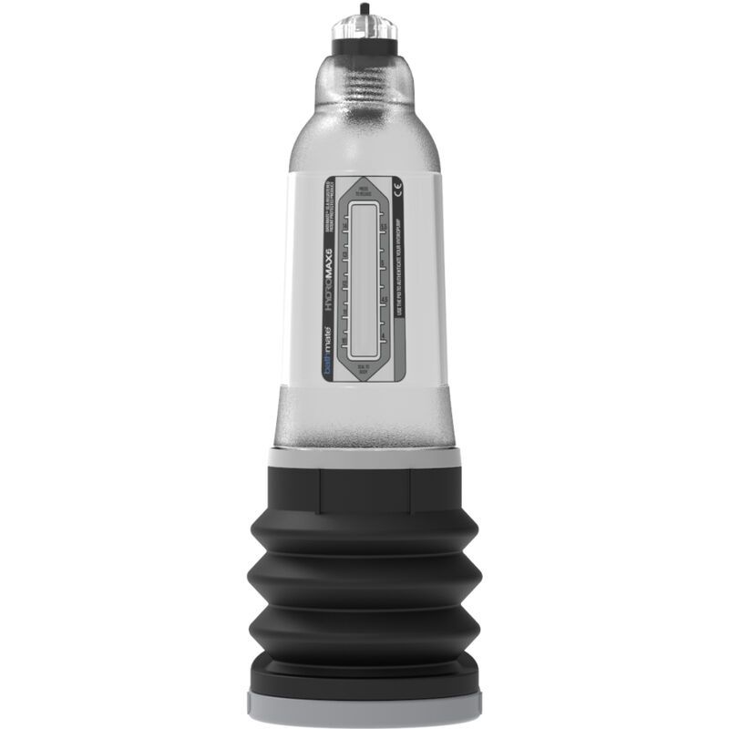 Pompe pour anneau pénien avec cylindre transparent, soufflet noir et échelle de mesure.