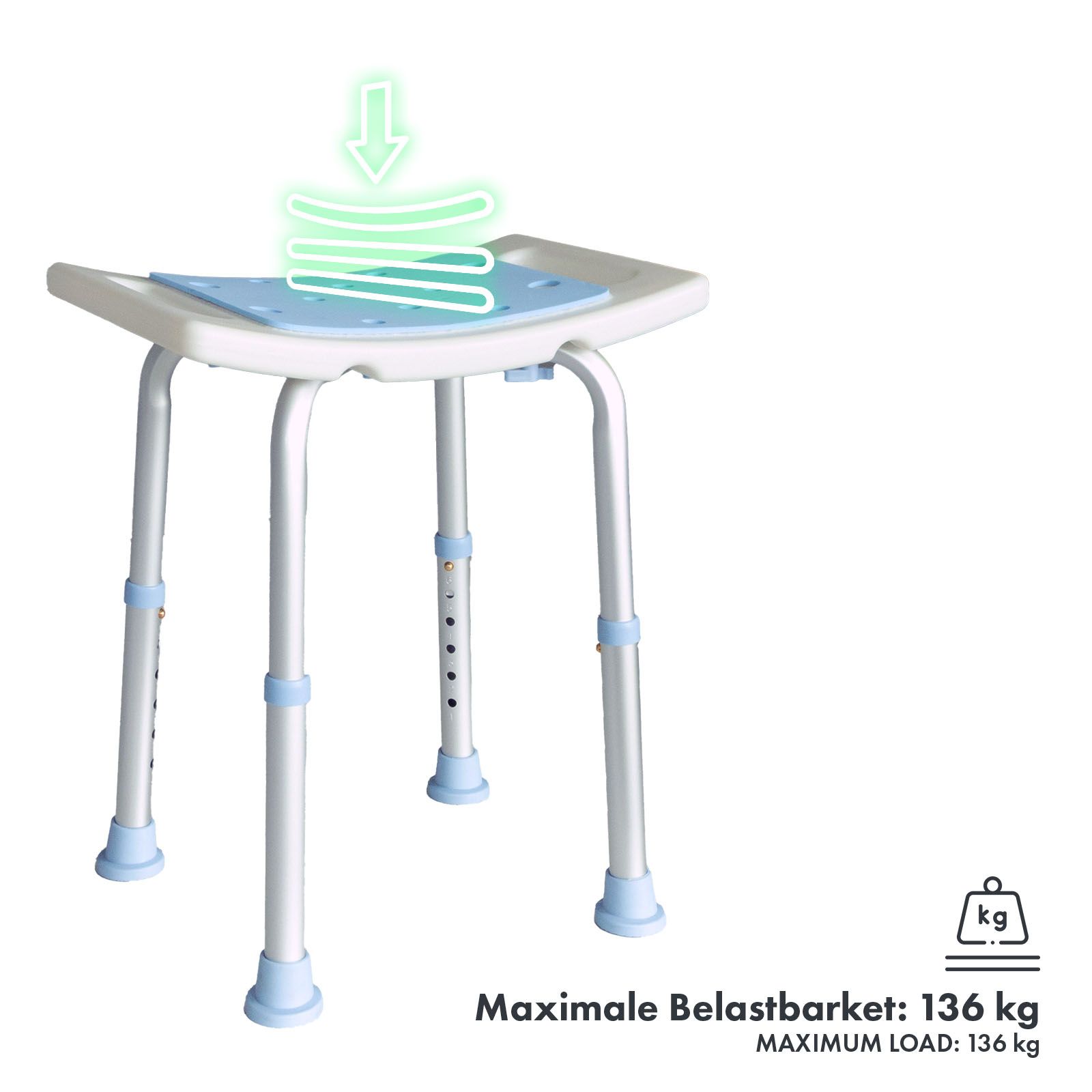 Tabouret de douche bleu. Charge maximale : 136 kg. Symbole de flèche.