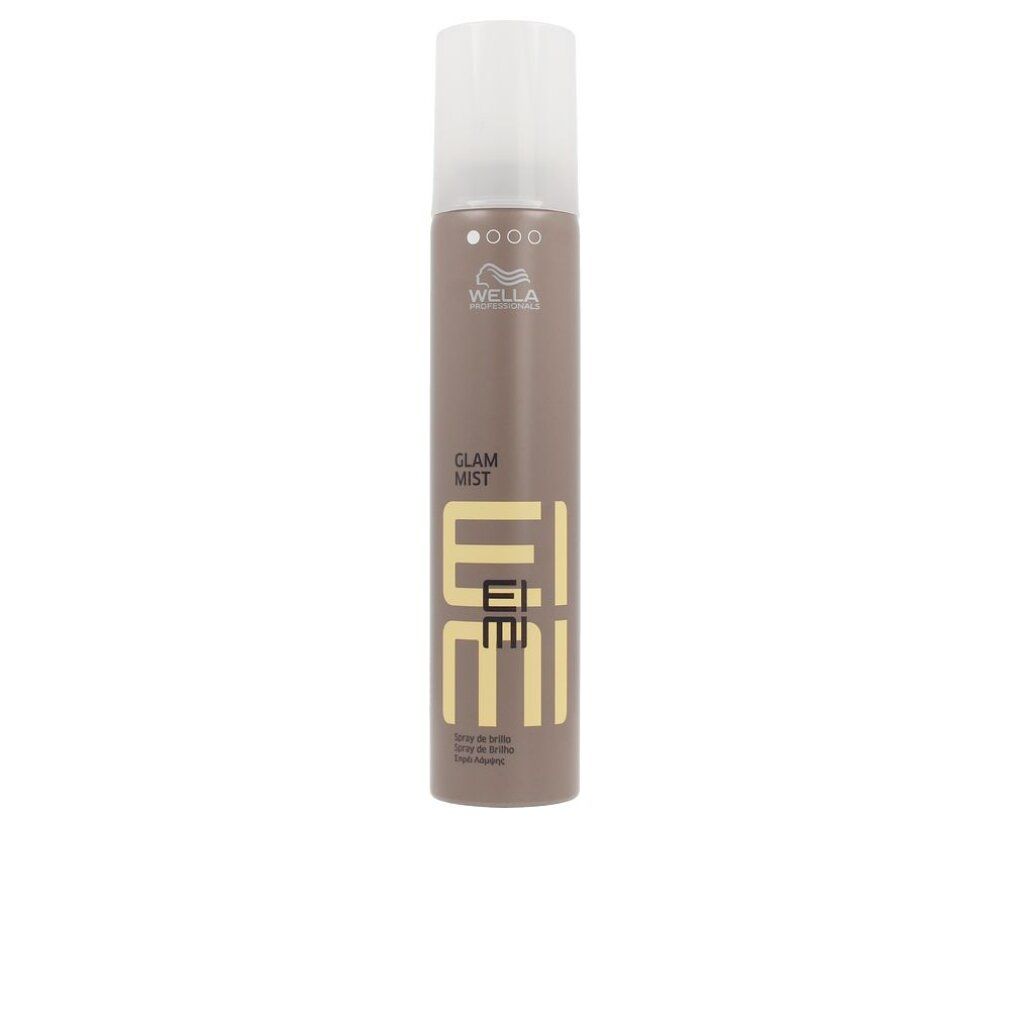 Bruine spuitfles met witte dop. Opschrift: Wella, Glam Mist, Eimi. Glansspray.