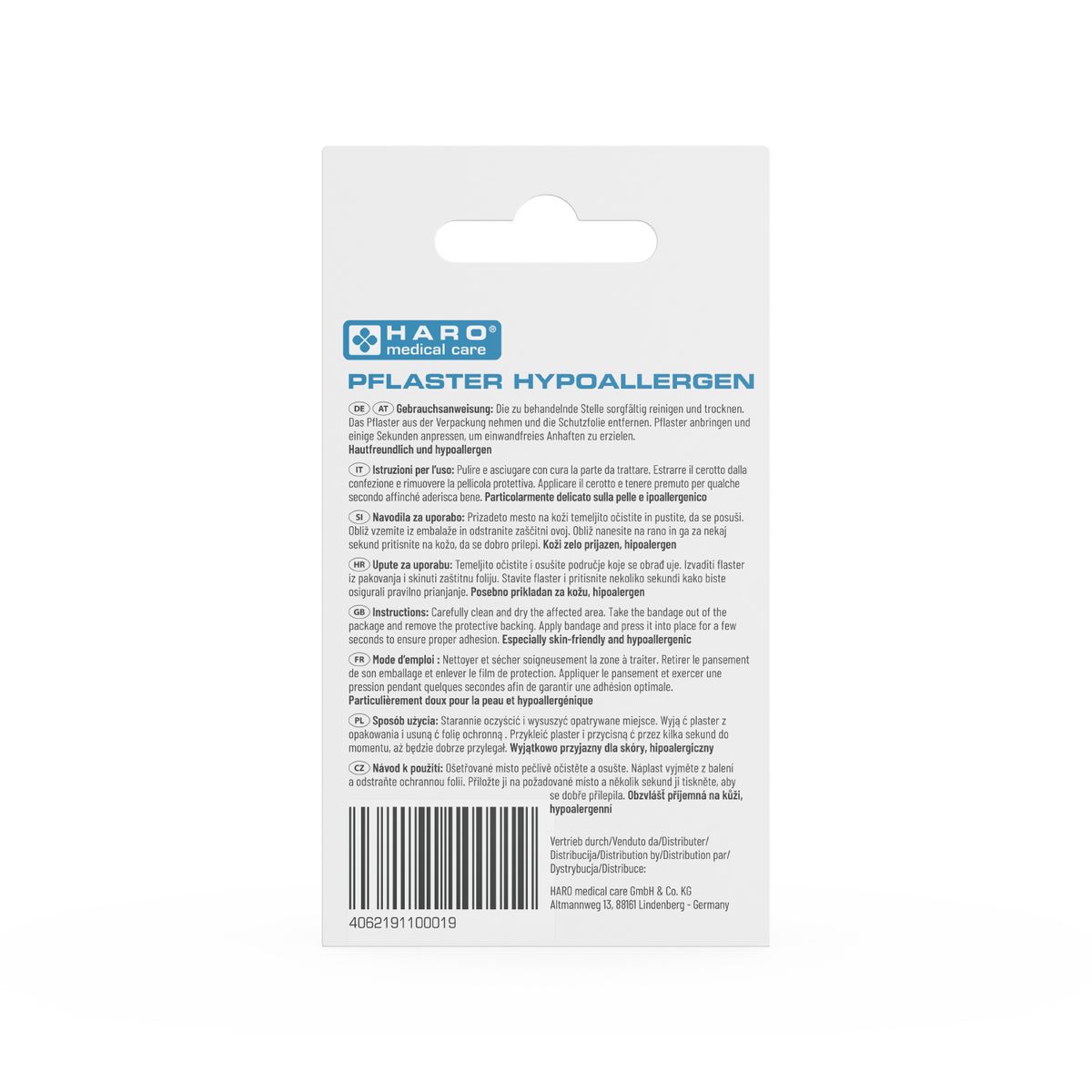 Achterkant van de Haro Pflaster hypoallergen verpakking. Tekst in meerdere talen. Barcode en CE-markering.