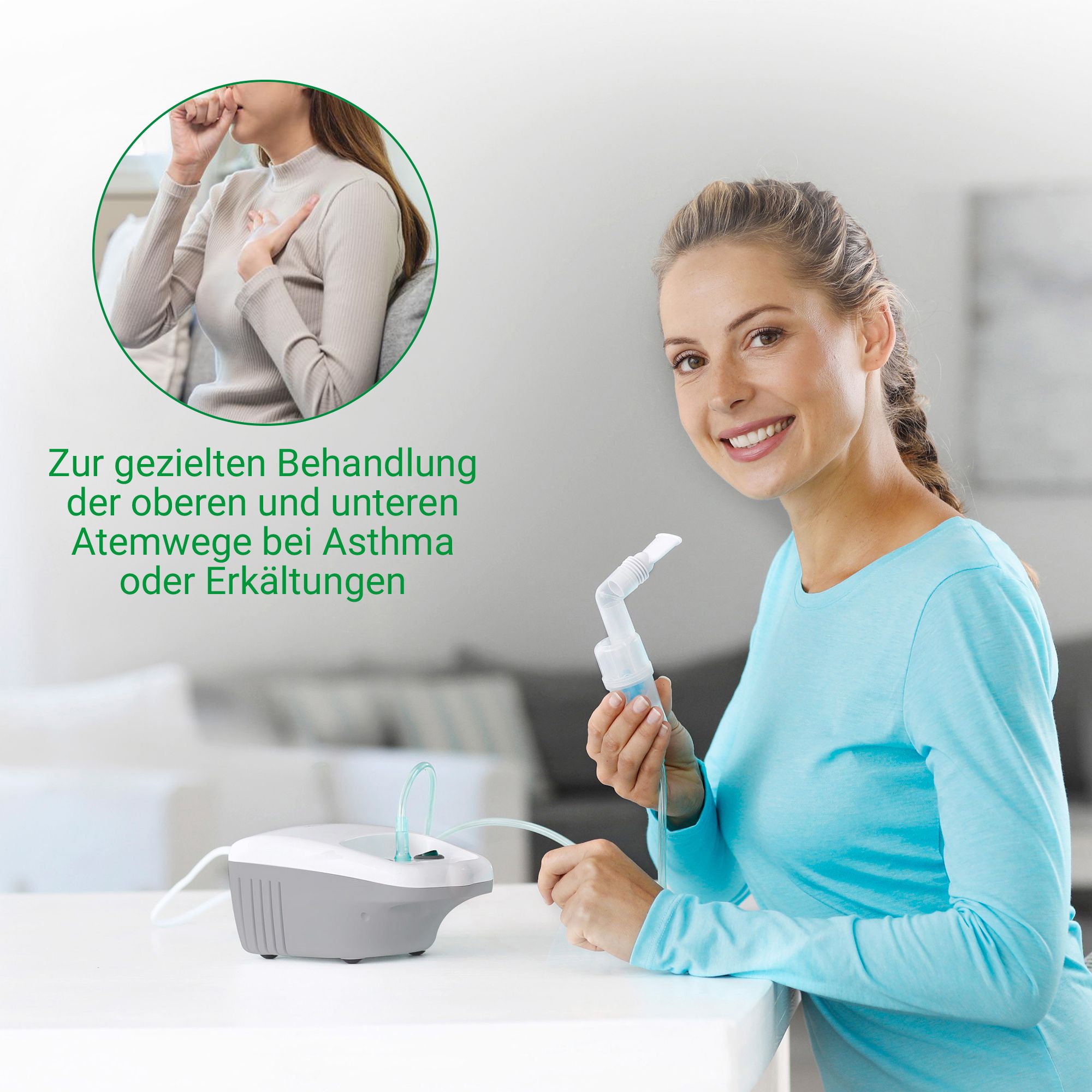 Vrouw met Medisana IN 540 inhalator, voor gerichte behandeling van de luchtwegen.
