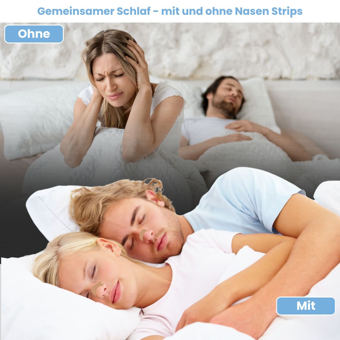 Koppel in bed. Boven: vrouw met hoofdpijn. Onder: koppel slaapt vredig. Tekst: Samen slapen - met en zonder neusstrips.