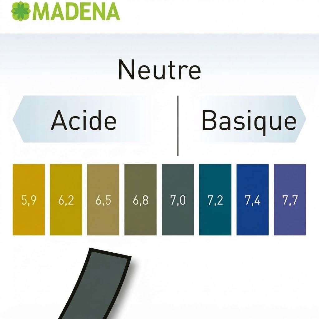 Échelle de pH de 5,9 (acide) à 7,7 (basique) avec des champs de couleur. MADENA.