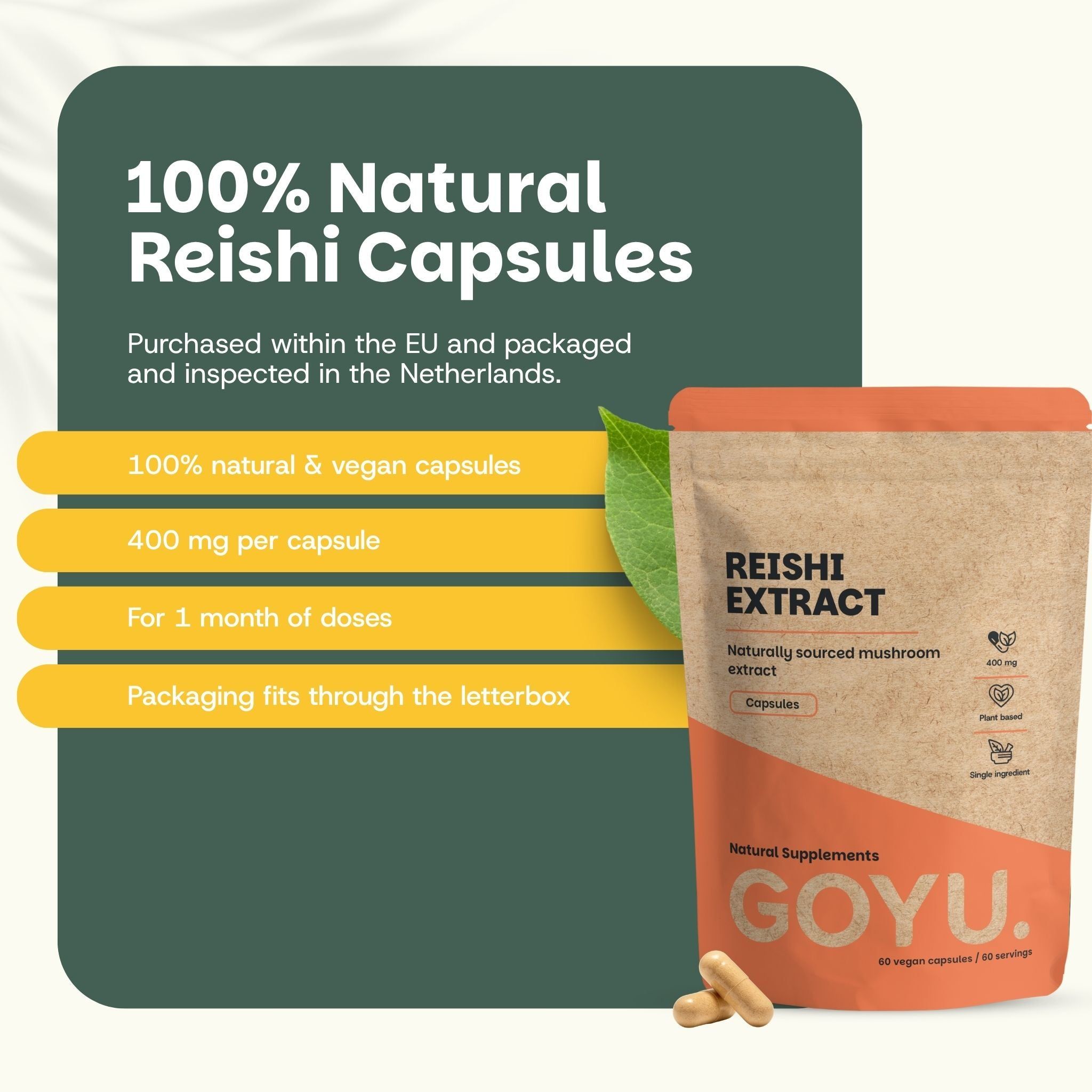 Paquet de capsules de Reishi (60 pièces). 100% naturel, vegan, 400 mg.