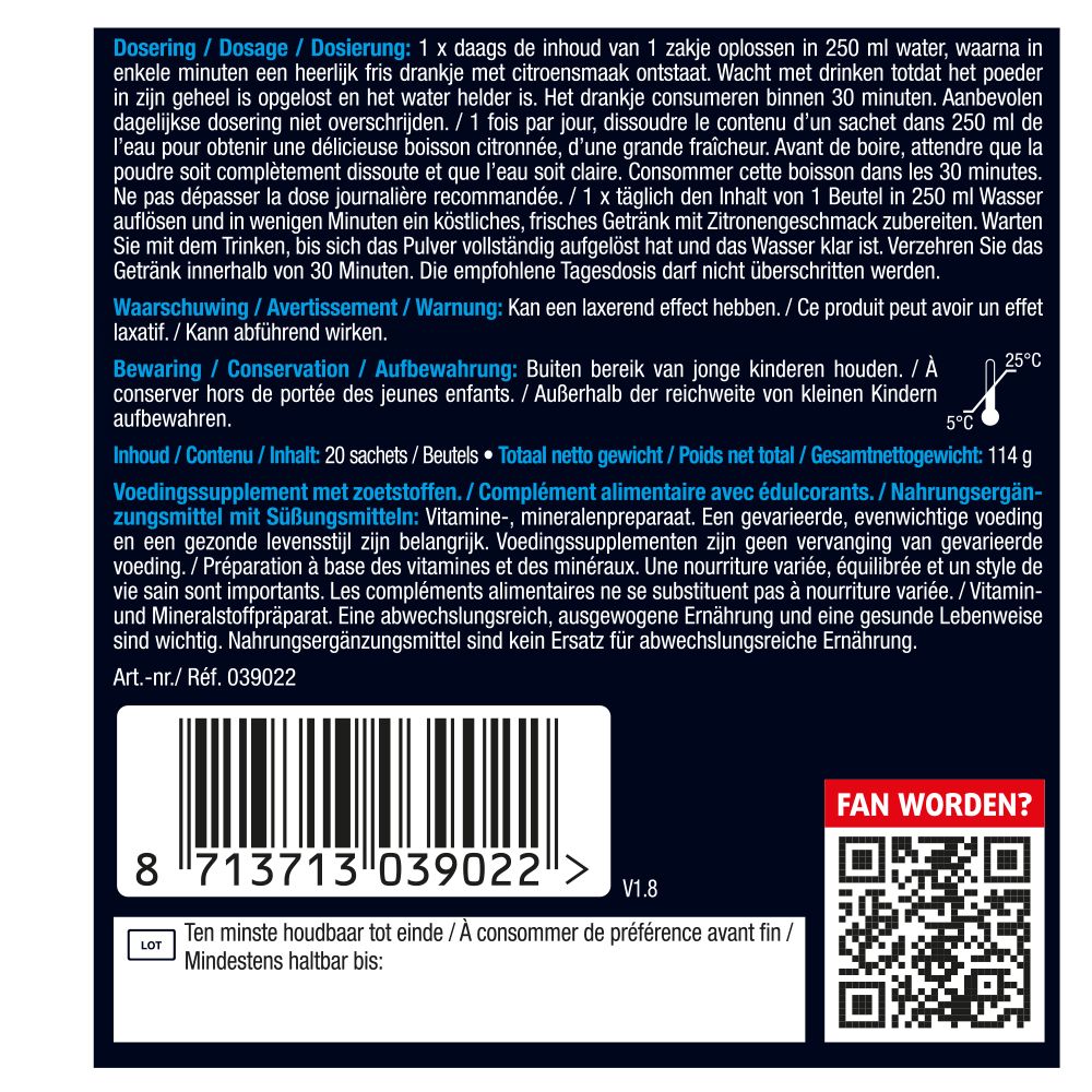 Achterkant van de verpakking met instructies en voedingswaarde-informatie. Bevat een barcode en QR-code.