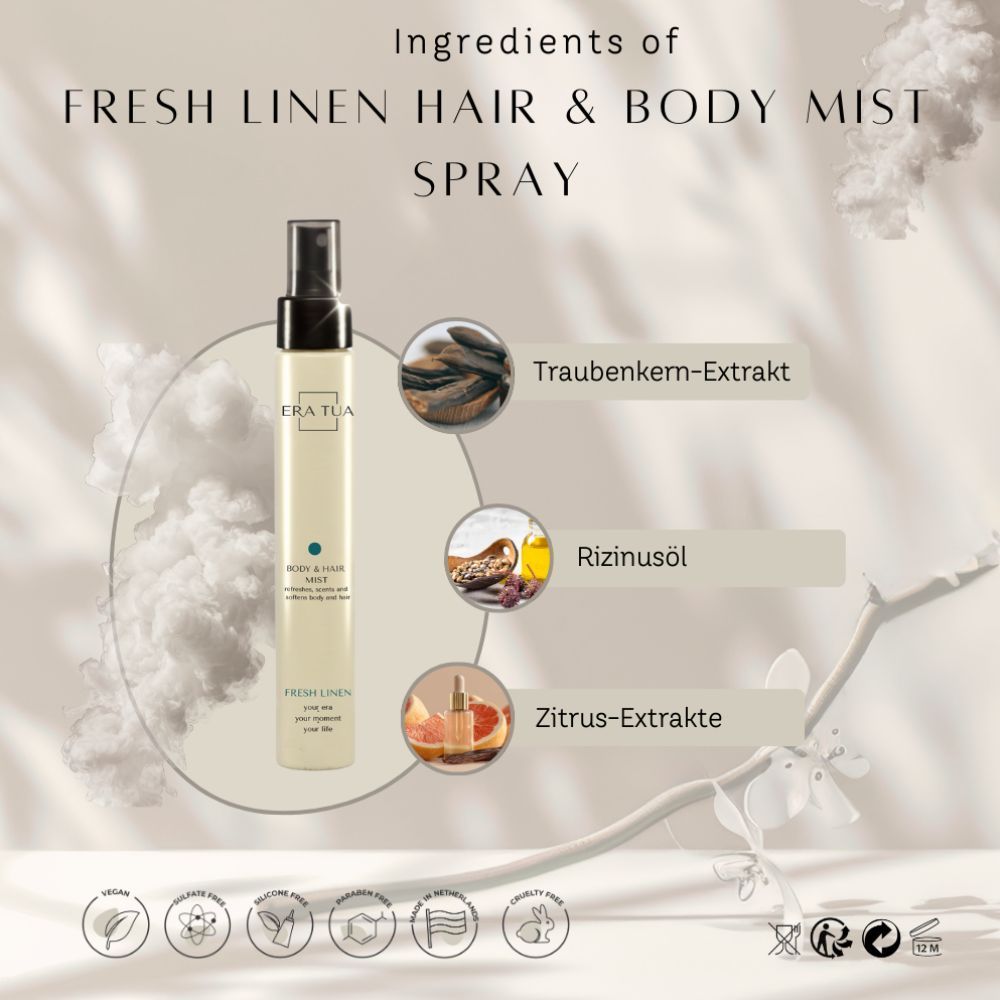 Flacon de brume pour cheveux et corps, extrait de pépins de raisin, huile de ricin, extraits d'agrumes.