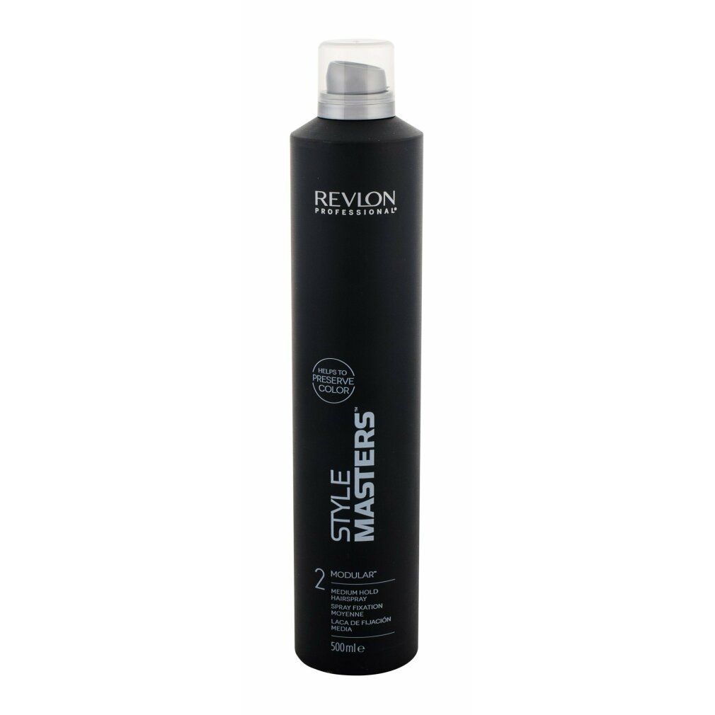 Flacon de laque noir avec bouchon blanc. Inscriptions: Revlon Professional, Style Masters, Modular 2, Medium Hold. 500ml.