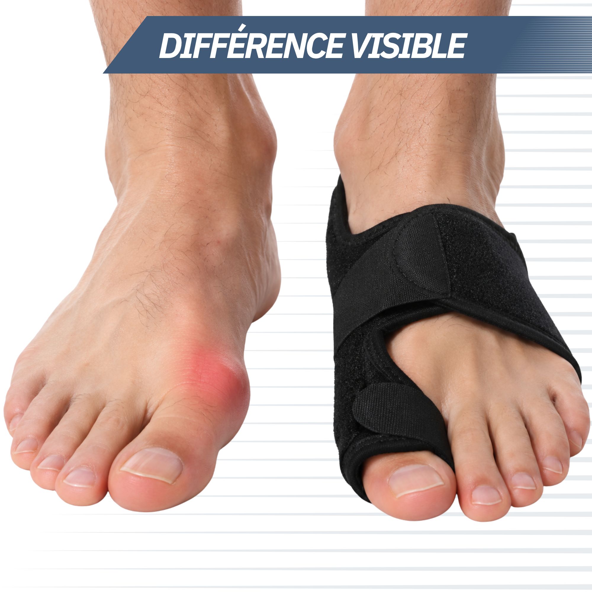 Orthèse noire pour oignon avec velcro, portable à gauche et à droite.