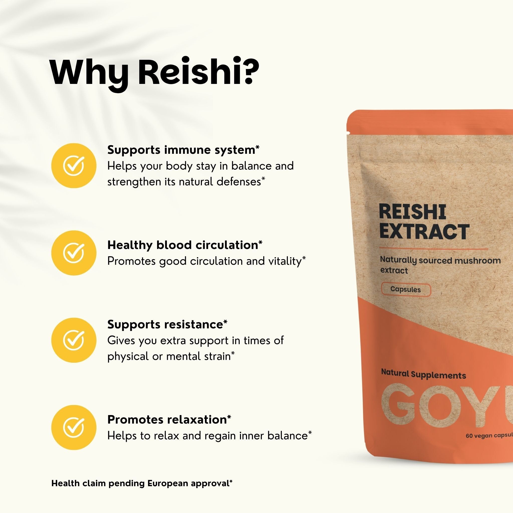 Un sachet de capsules de Reishi mettant en avant les avantages de capsules 100 % naturelles et végétaliennes.
