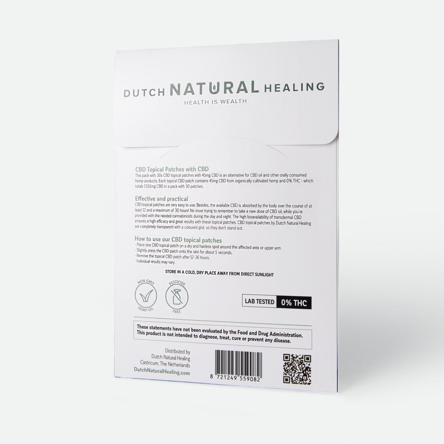 Arrière de l'emballage de patchs CBD avec instructions d'utilisation et informations produit.
