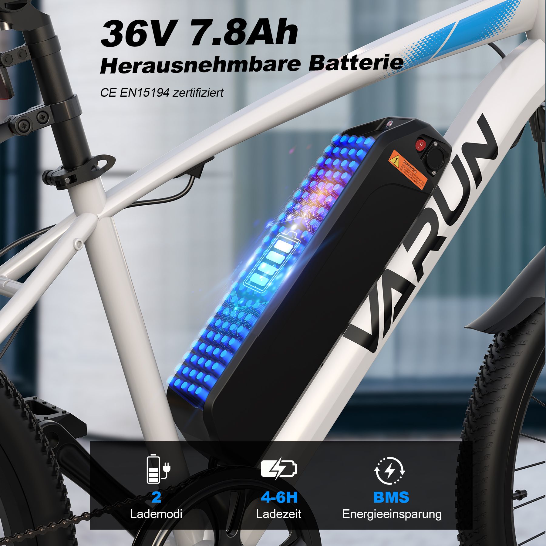 Close-up van de batterij. 36V 7,8Ah batterij. CE EN15194 gecertificeerd. Oplaadindicator. 2 oplaadmodi, BMS.