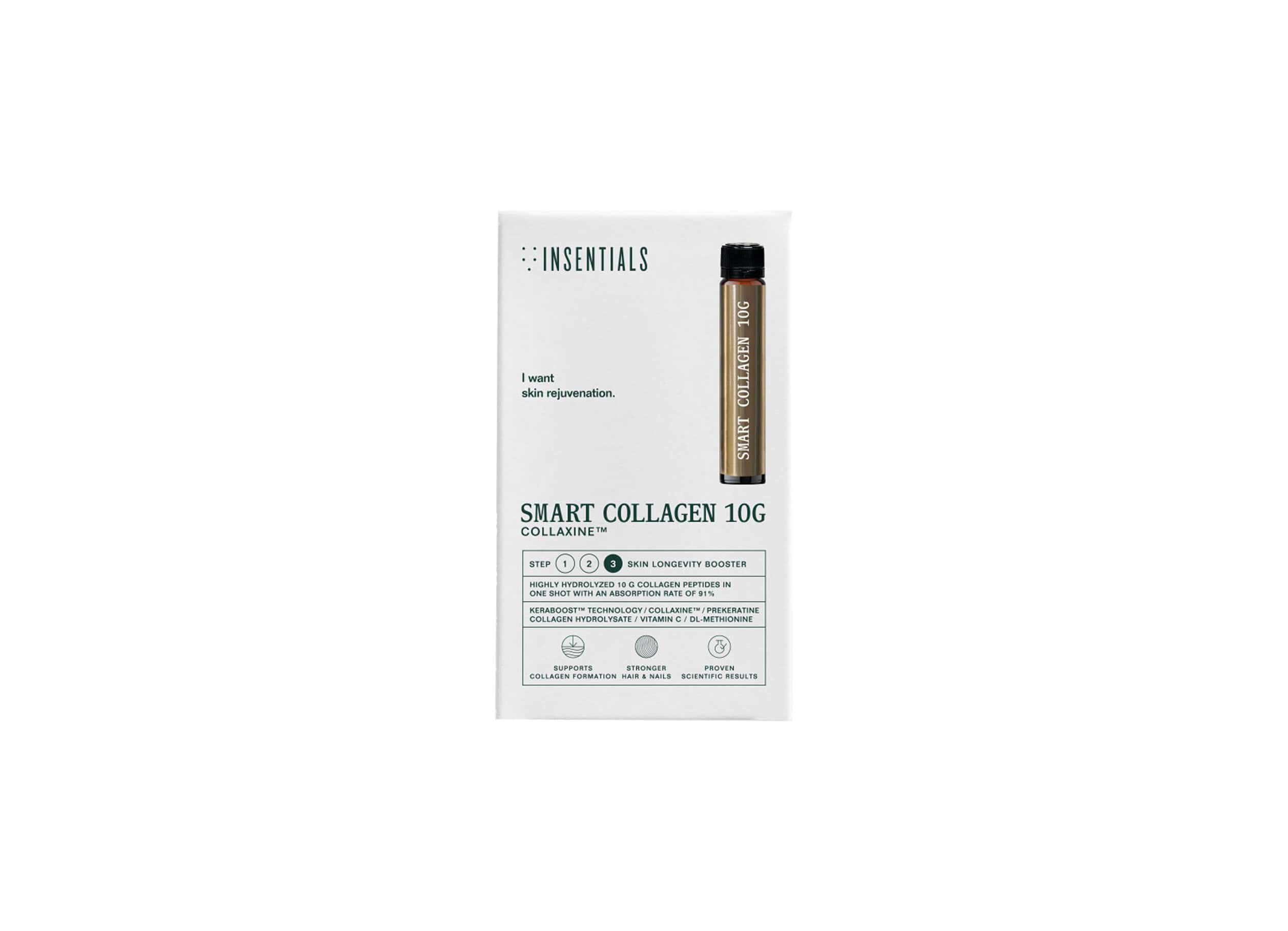 Witte verpakking met een gouden ampul voor Smart Collagen 10g en productvoordelen.