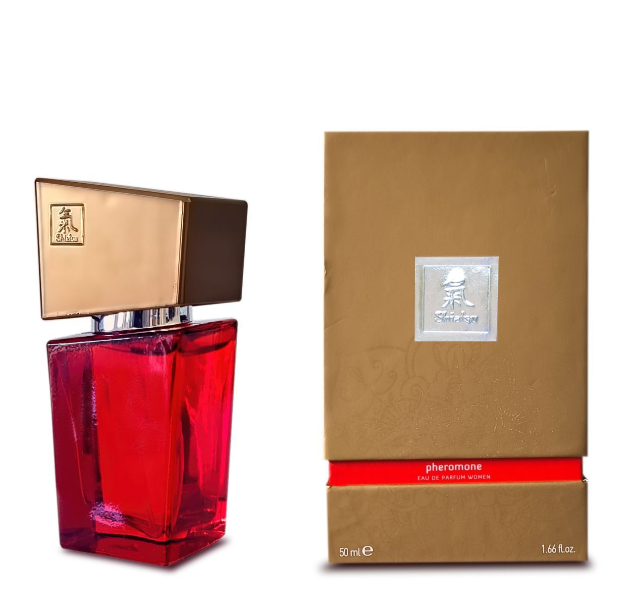 Bouteille en verre rouge à côté d'une boîte dorée avec bande rouge.