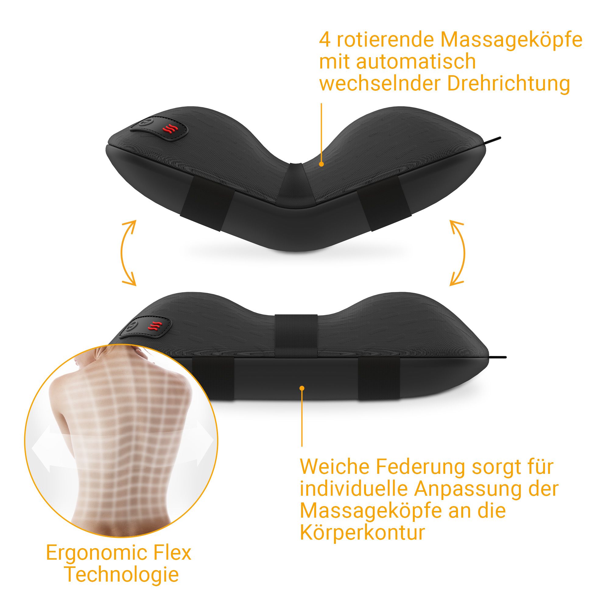 Coussin de massage Shiatsu noir avec 4 têtes de massage rotatives et adaptation flexible.