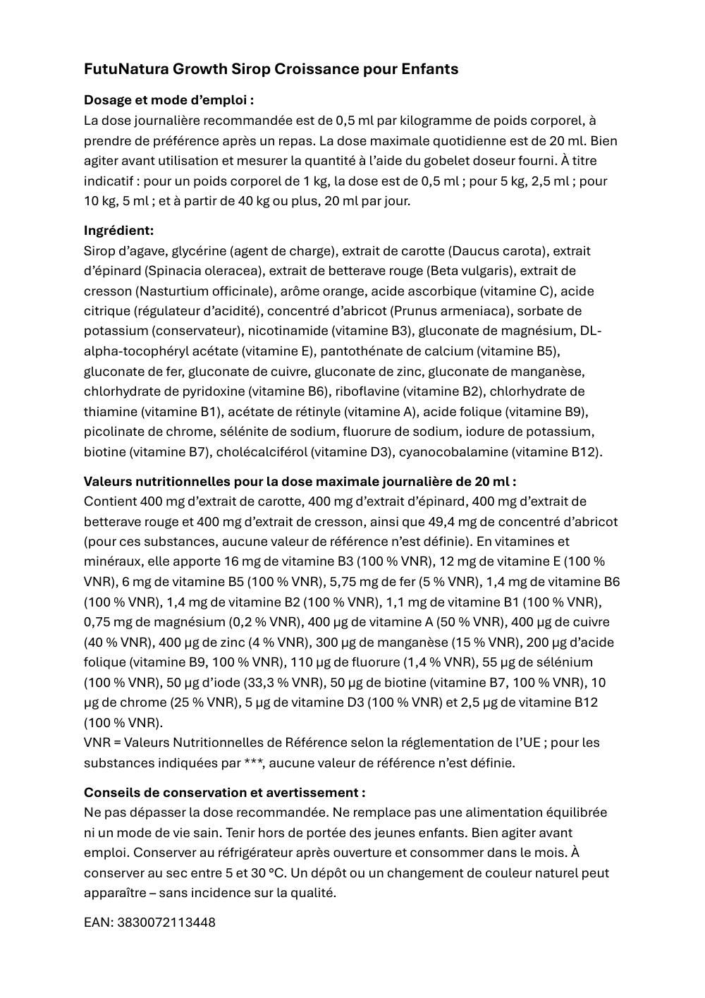 Description du produit: FutuNatura Growth. Ingrédients, dosage, avertissements. Texte en français.