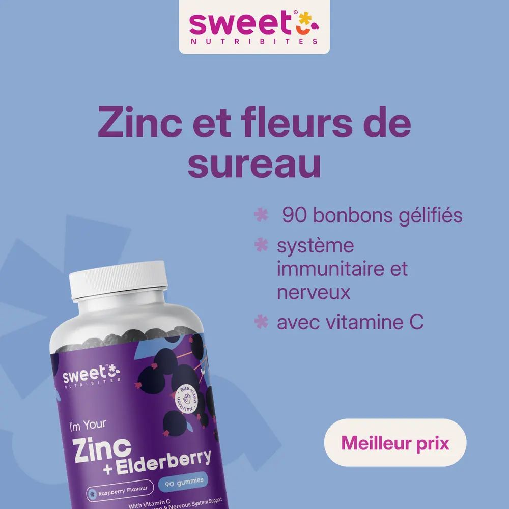 Flacon Zinc + Elderberry. Texte: Zinc et fleurs de sureau. 90 bonbons gélifiés, système immunitaire, vitamine C. Meilleur prix.