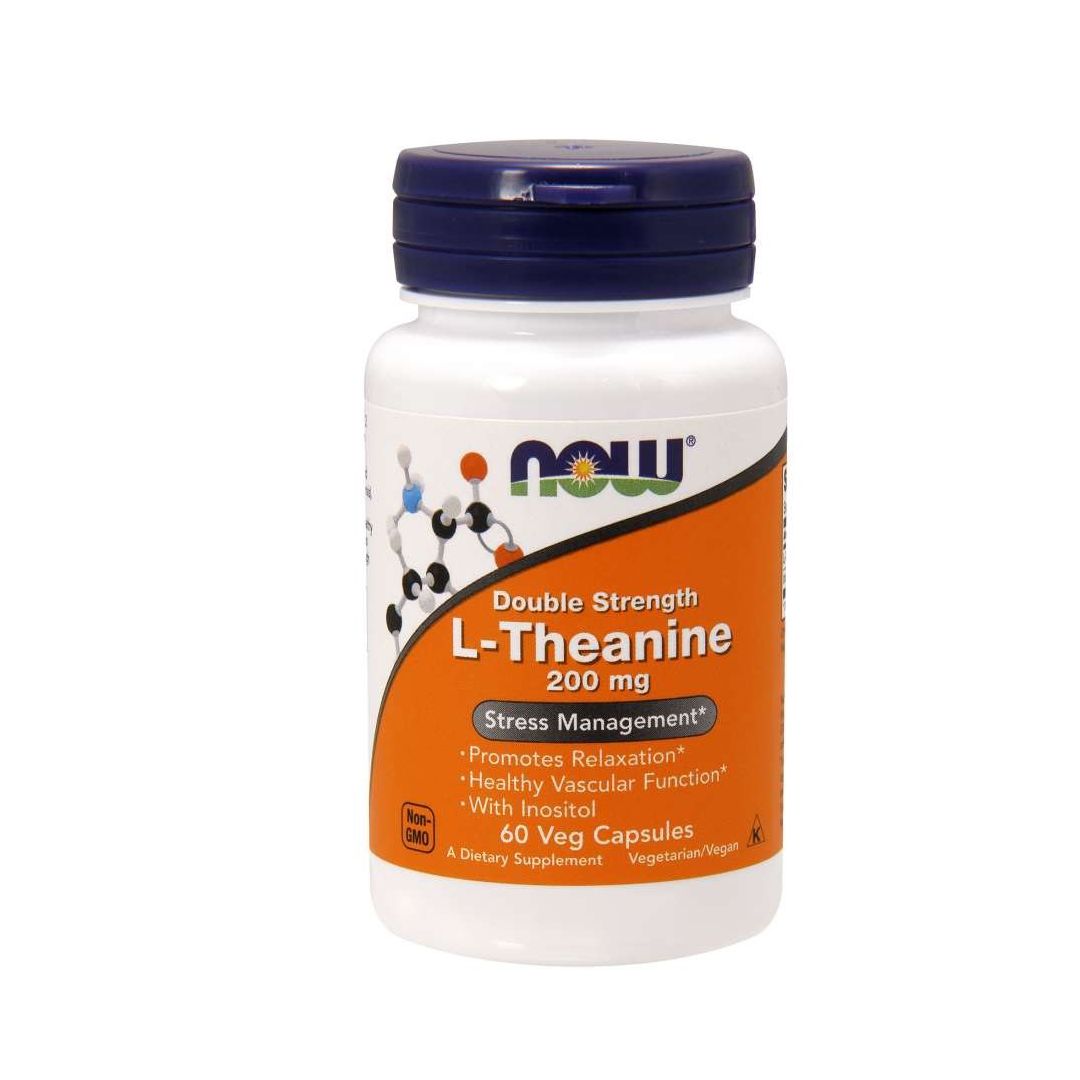 Now Foods L-Théanine 200 mg gélules. Bouteille à bouchon bleu. Étiquette avec structure chimique et informations produit.