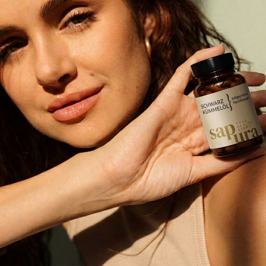 Vrouw houdt een flesje sapura zwarte komijnzaadolie capsules vast. Close-up.