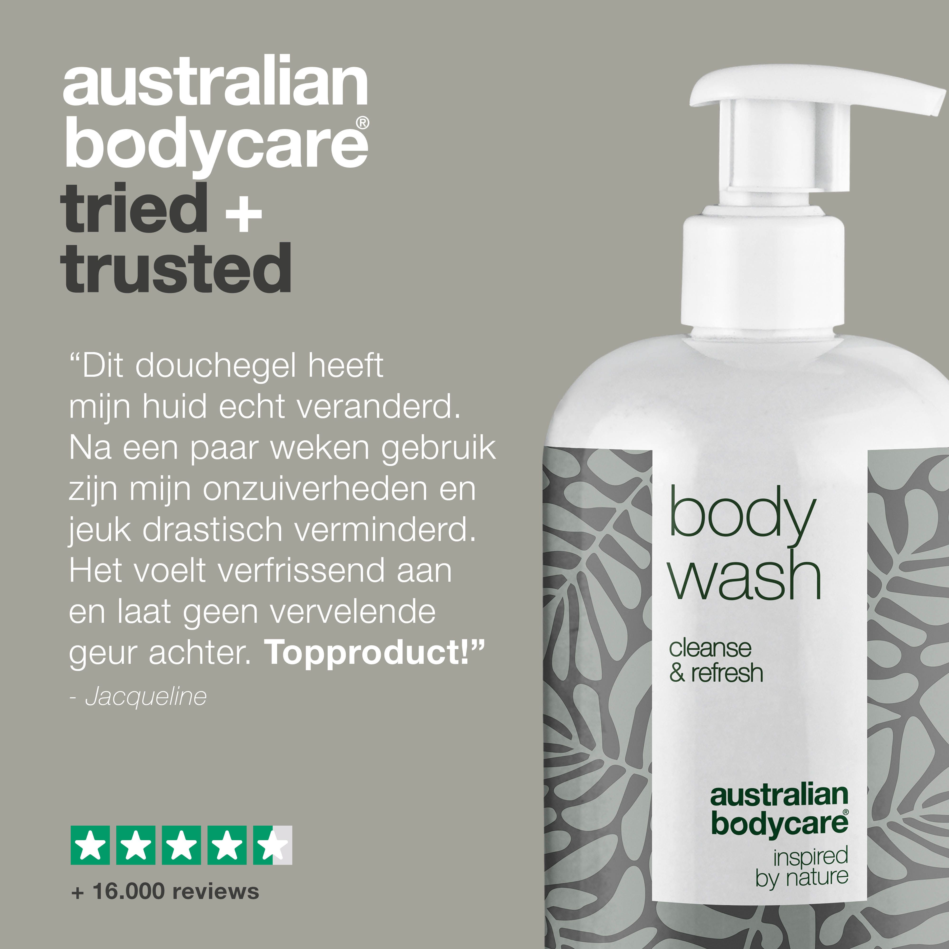 Body Wash fles met pomp. Tekst: Geprobeerd en vertrouwd. Citaat en sterrenbeoordeling.