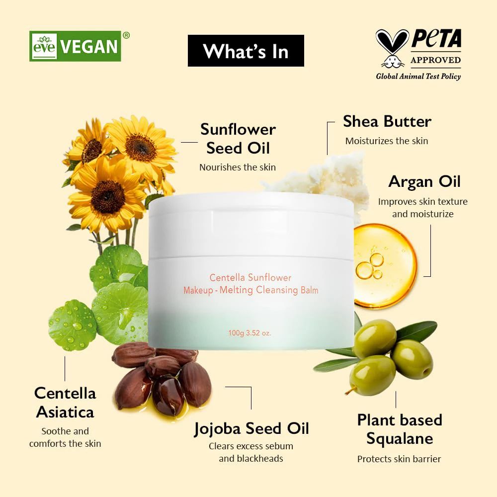 Pot de produit avec ingrédients : huile de tournesol, beurre de karité, huile d'argan, Centella Asiatica, huile de jojoba, squalane.