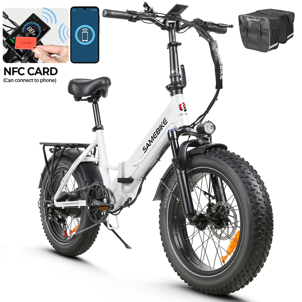 Vélo électrique pliable blanc, avec accessoires. Carte NFC et sac.