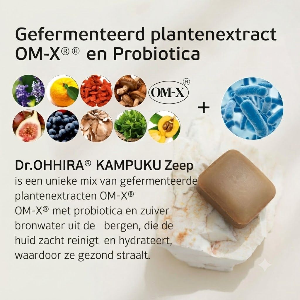 Bruine zeep met gefermenteerd plantenextract OM-X® en probiotica. Toont fruit, kruiden en paddenstoelen.