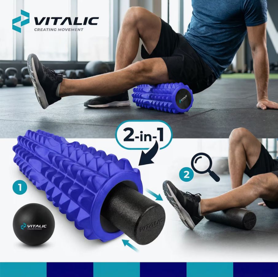 Rouleau bleu cannelé et balle noire. Fonction 2 en 1. Homme utilisant le rouleau sur sa jambe.