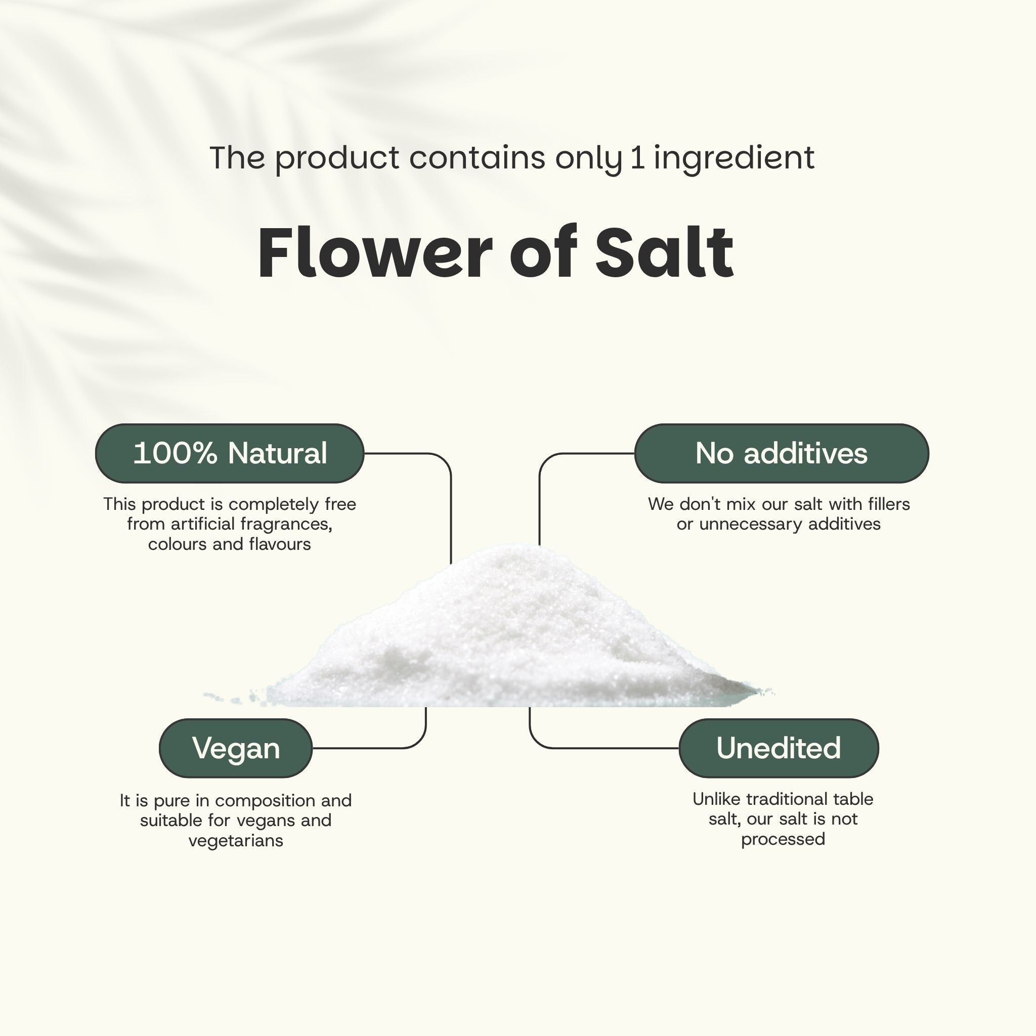 Fleur de sel. Monticule de sel. 100% naturel, sans additifs. Végétalien. Non traité.