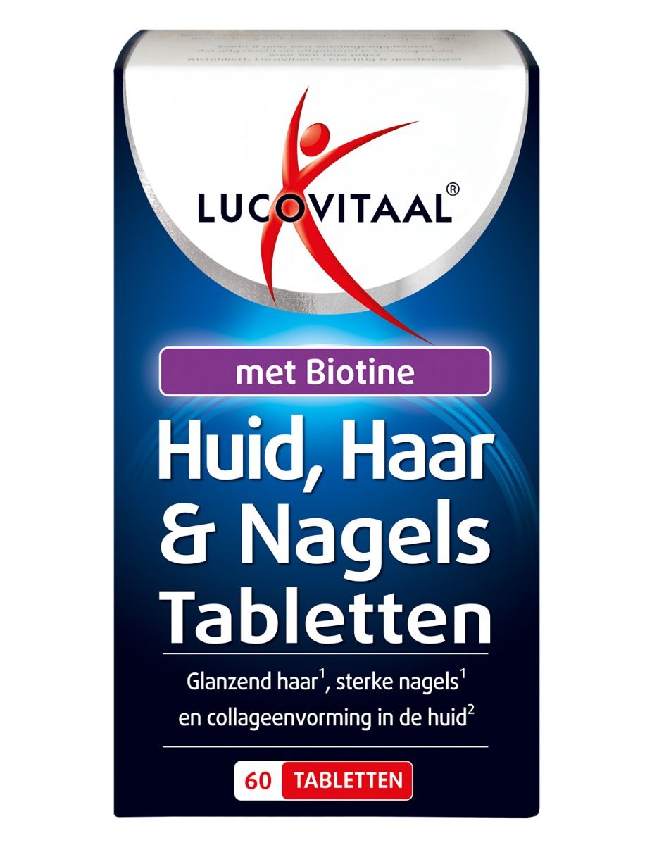 Boîte de comprimés Lucovitaal Huid, Haar & Nagels avec biotine. Contient 60 comprimés. Emballage bleu avec informations produit.