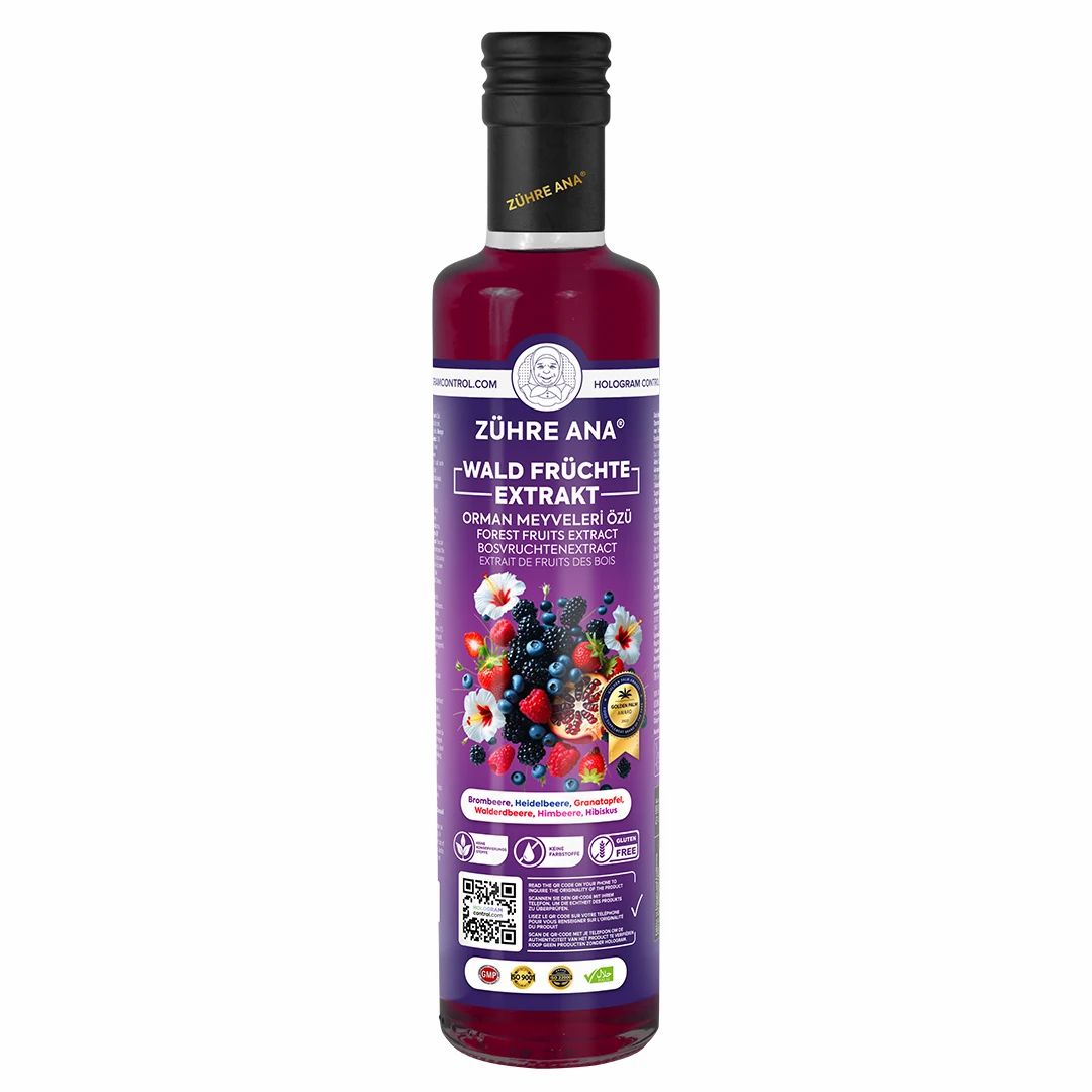 Bouteille d'extrait de fruits des bois, marque Zühre Ana, avec illustration de baies et de fleurs.