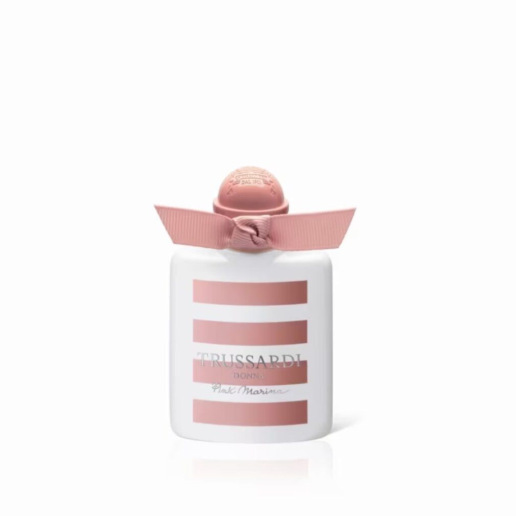 Flacon rayé rose, nœud et bouchon. Inscription : Trussardi Donna Pink Marina.