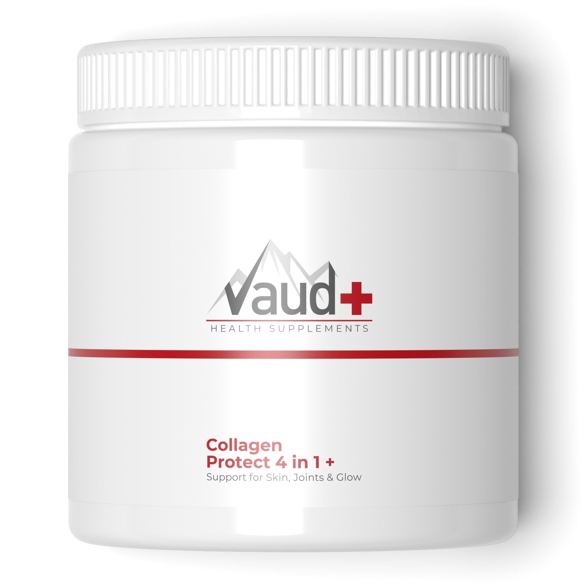 Witte supplementenpot met deksel. Opschrift: Vaud+ Health Supplements, Collagen Protect 4 in 1. Rode streep.
