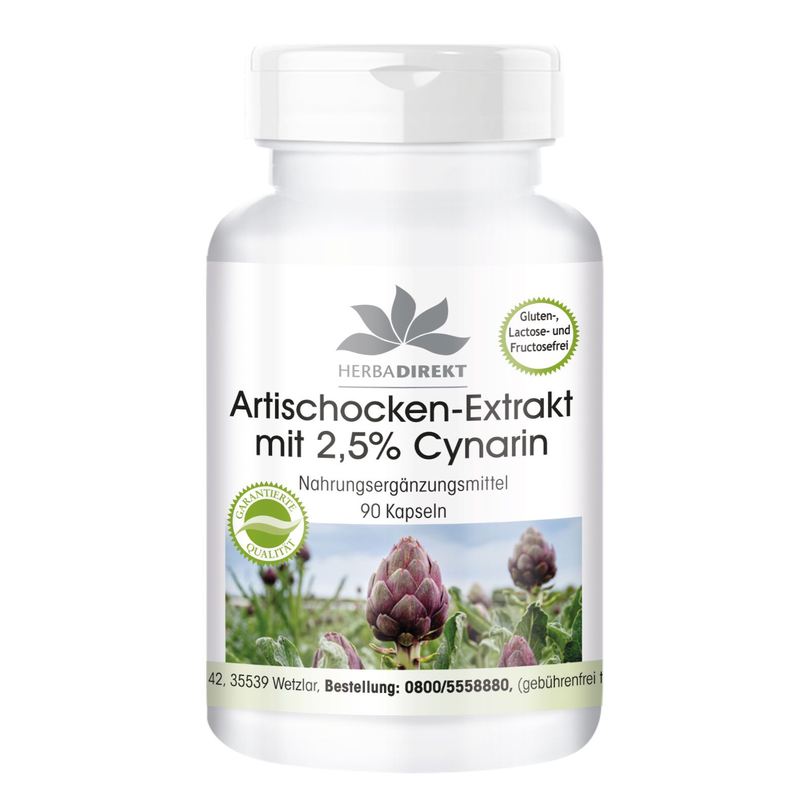Flacon de pilules blanc avec étiquette. Inscription : Extrait d'artichaut avec 2,5% de cynarine. 90 gélules. Logo HerbaDirekt. Sceau de qualité.