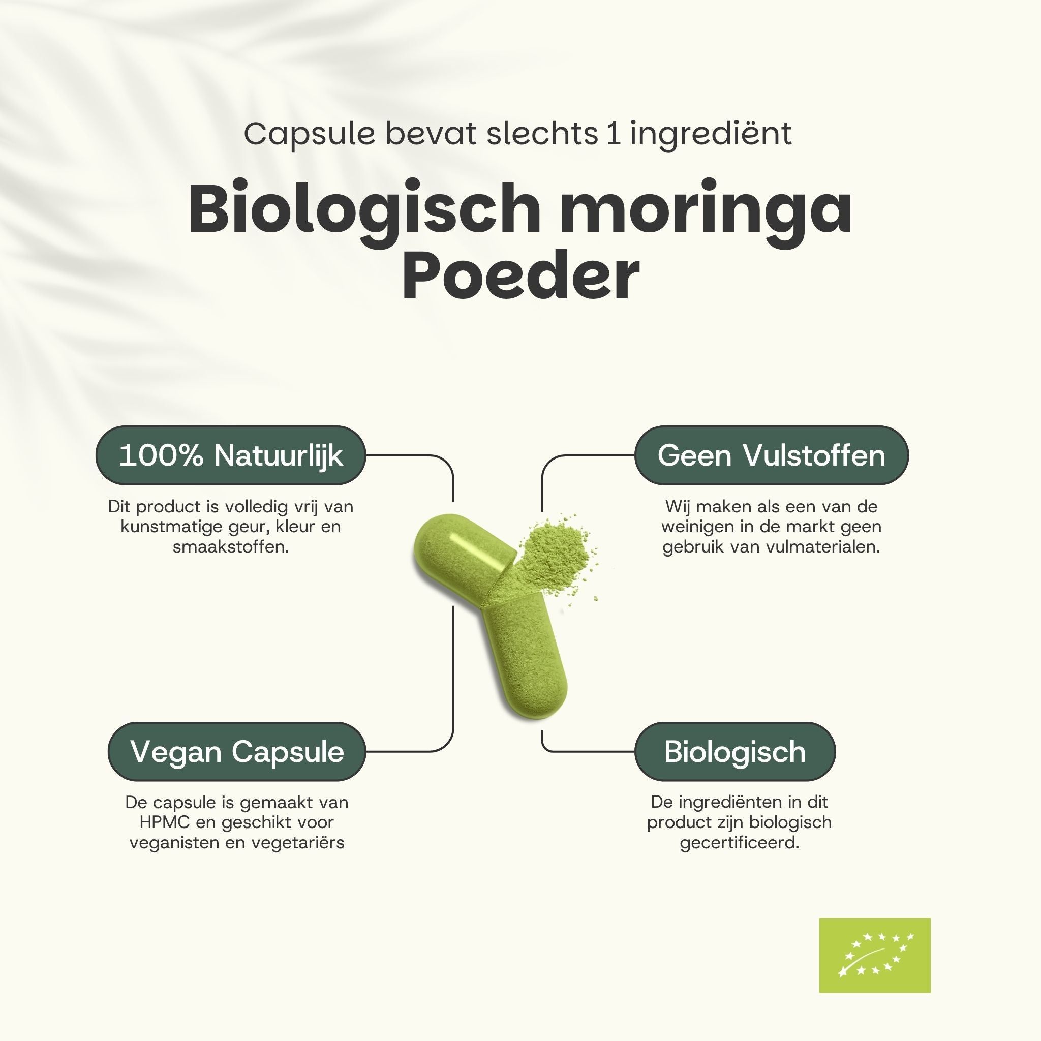 Grafiek met groene capsules en poeder. Opschrift: Biologisch moringa poeder. 100% natuurlijk, vegan, biologisch.