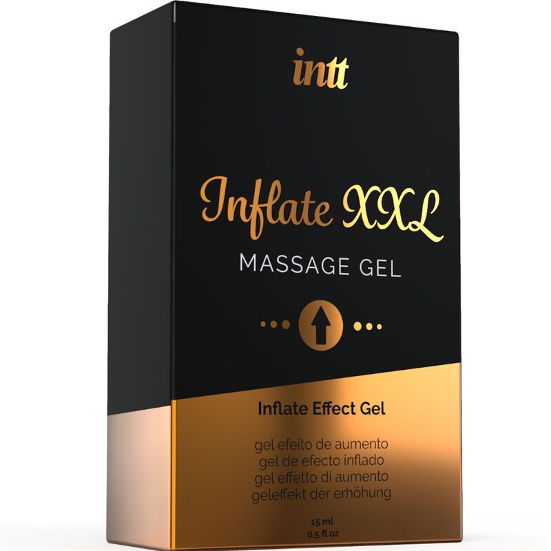 Zwarte verpakking met gouden tekst: INTT, Inflate XXL Massage Gel. Gouden onderkant. Productnaam en logo zichtbaar.