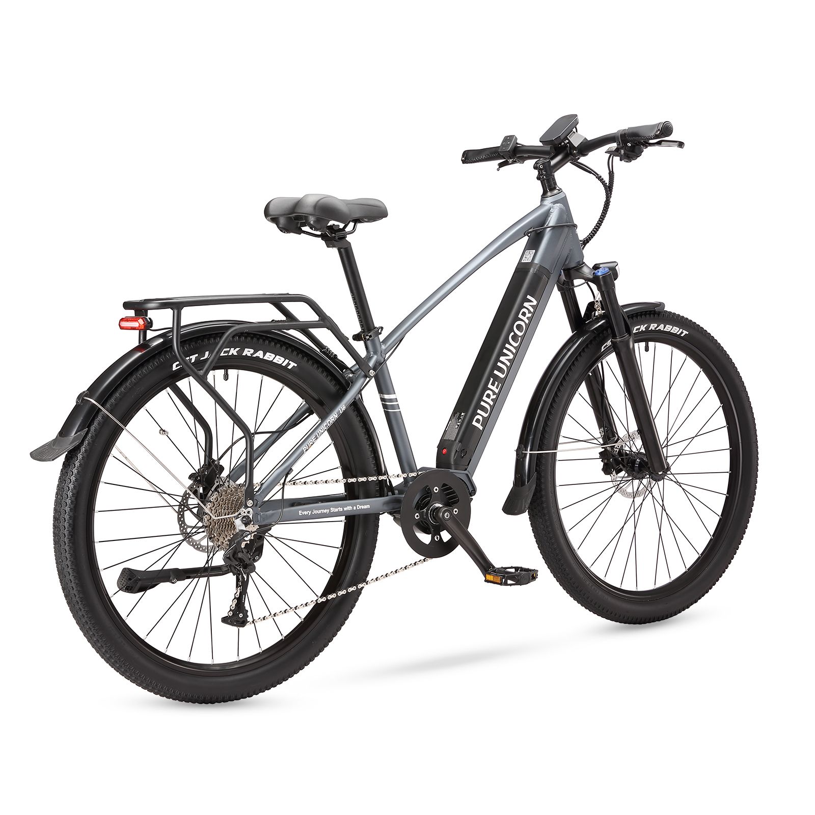 Vélo électrique gris avec porte-bagages et garde-boue. Marque : PURE UNICORN. Pneus, selle et guidon noirs.