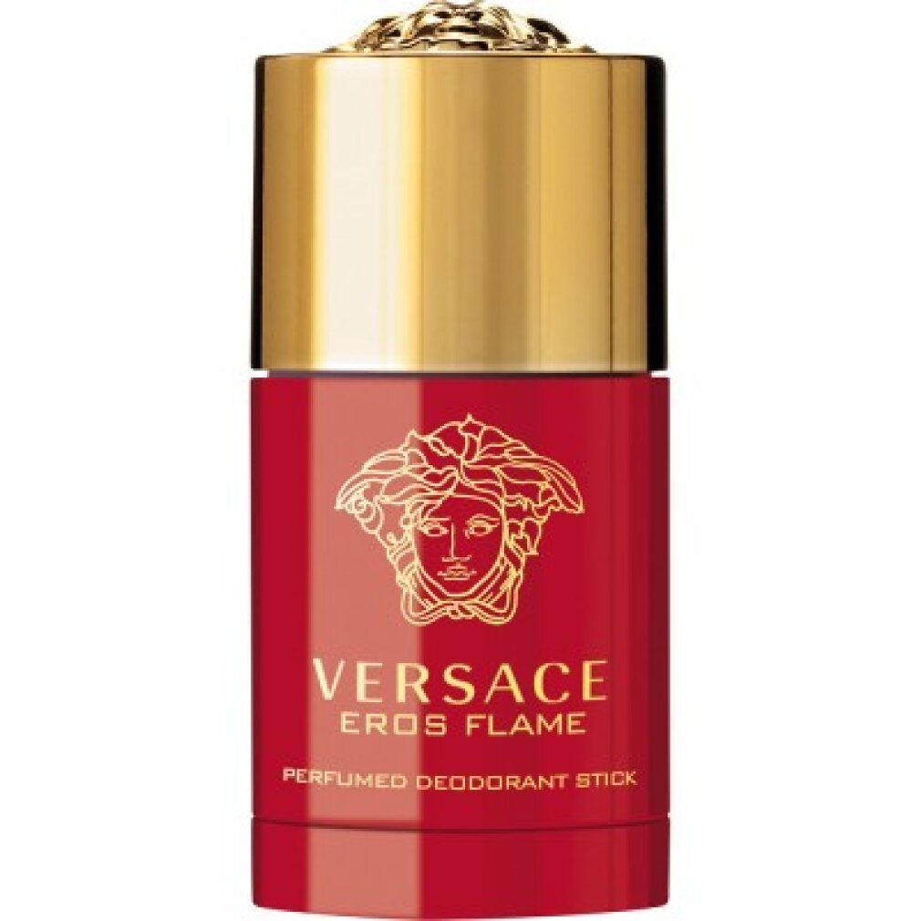 Versace Eros Flame geparfumeerde deodorant stick in rode huls met gouden dop en Medusa-logo.