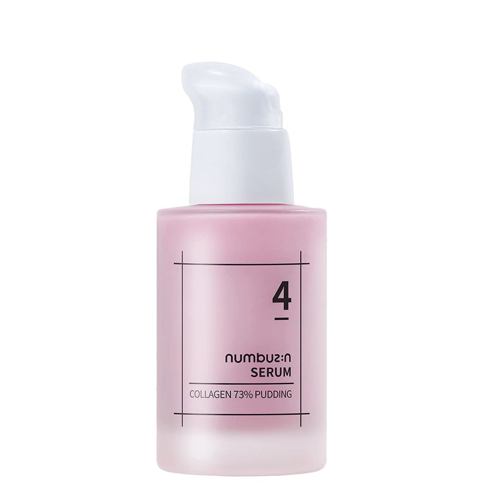 Flacon pompe rose avec Numbuz:n Serum, Pudding au Collagène 73%.