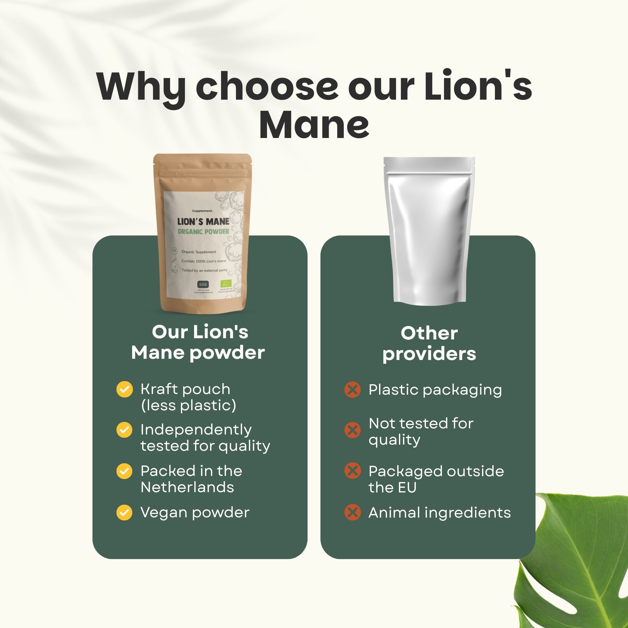Comparaison : Notre poudre de crinière de lion vs. autres fournisseurs. Sachet kraft, végétalien, testé. Autres : emballage plastique, ingrédients animaux.