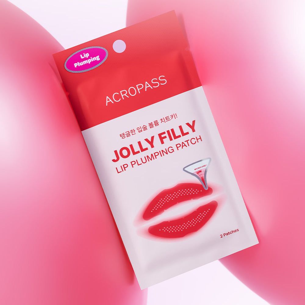 Verpakking ACROPASS Jolly Filly Lip Plumping Patch. Rode en witte verpakking met productnaam en afbeelding van lippen. 2 patches.