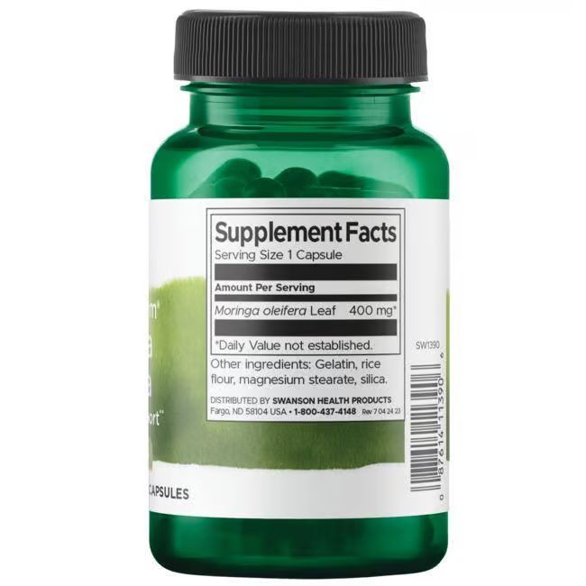 Dos du flacon vert. Étiquette avec informations nutritionnelles: Moringa oleifera Leaf 400 mg. Autres ingrédients.