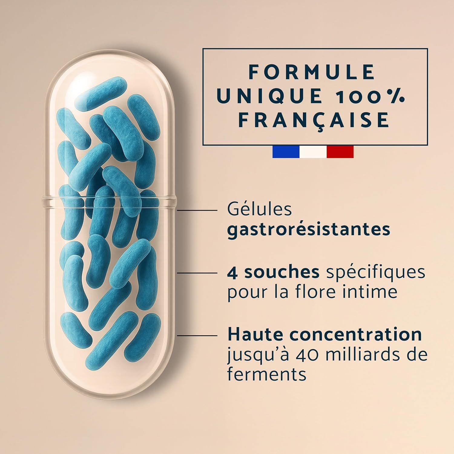 Une gélule remplie de probiotiques bleus en forme de bâtonnets. "Formule unique 100% française".