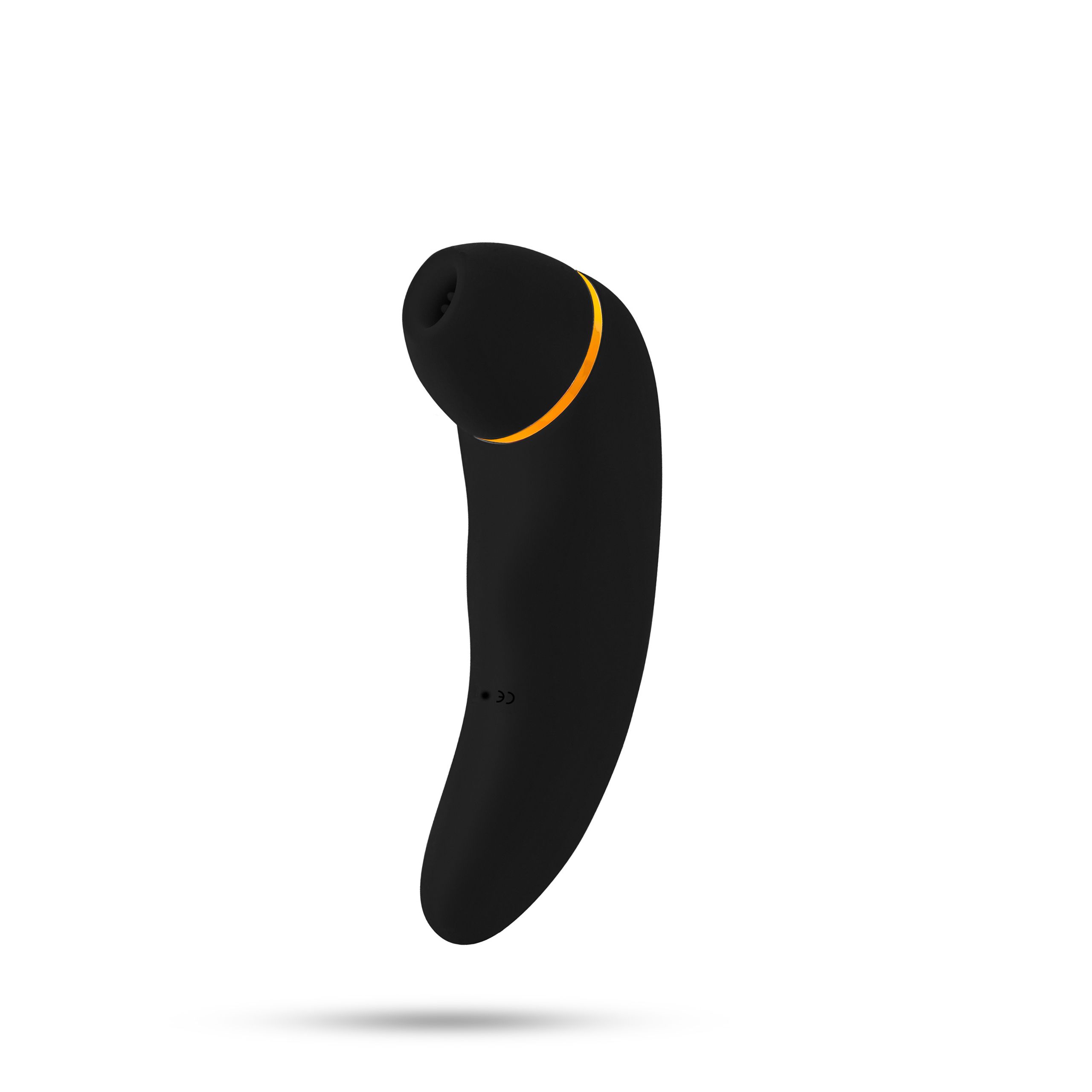 Appareil vibrant noir incurvé avec un accent doré. Une extrémité est arrondie.