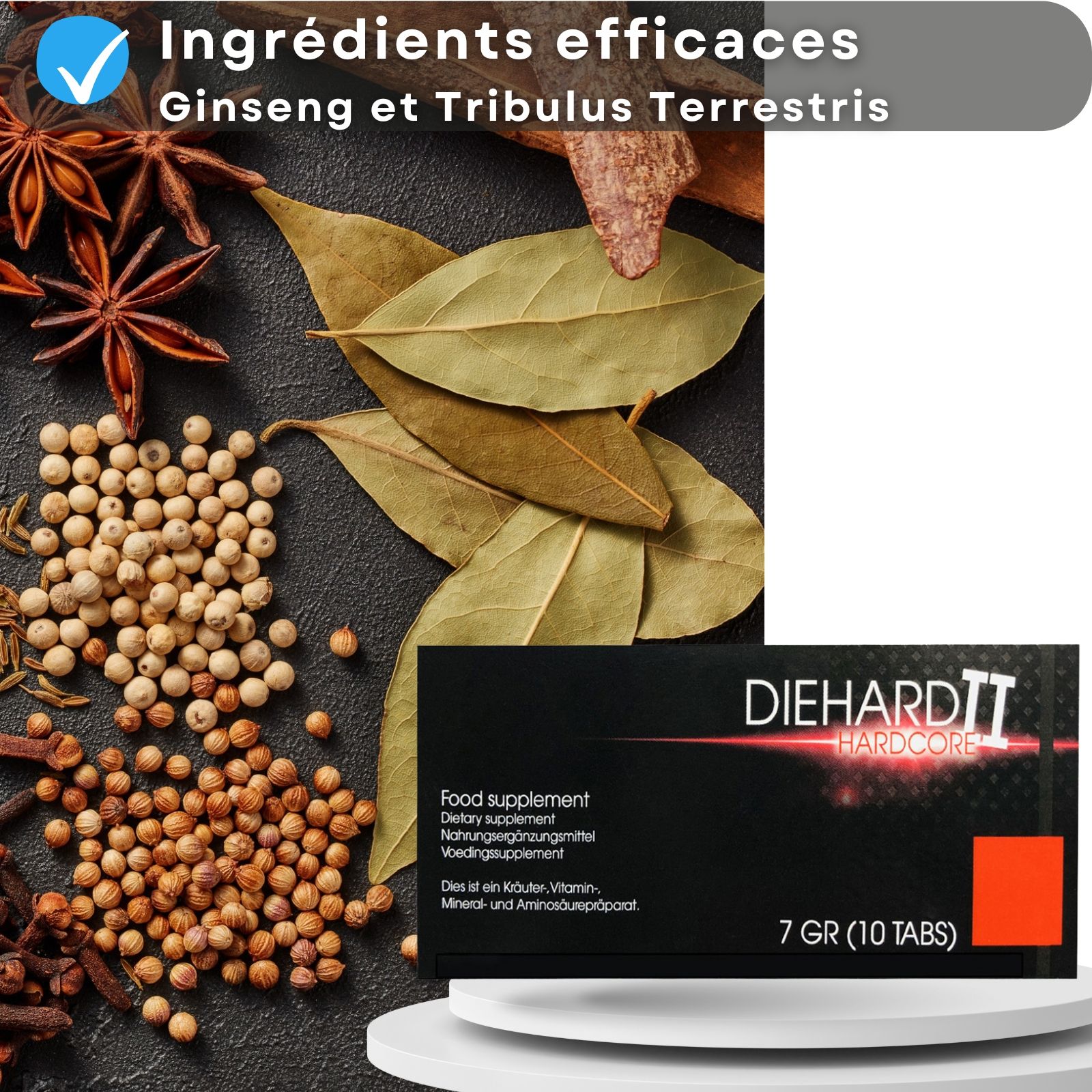 Emballage du produit et ingrédients. Inscription : DIEHARD II HARDCORE, 7 GR (10 TABS). Épices et herbes.