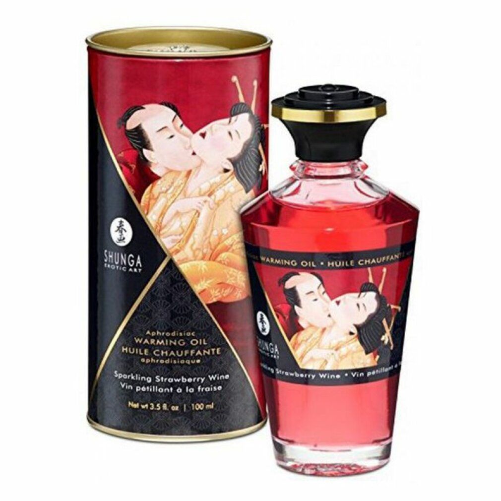 Flacon et boîte rouges avec étiquettes. Inscription : Shunga, Huile chauffante, arôme fraise. Illustration d'un couple s'embrassant.