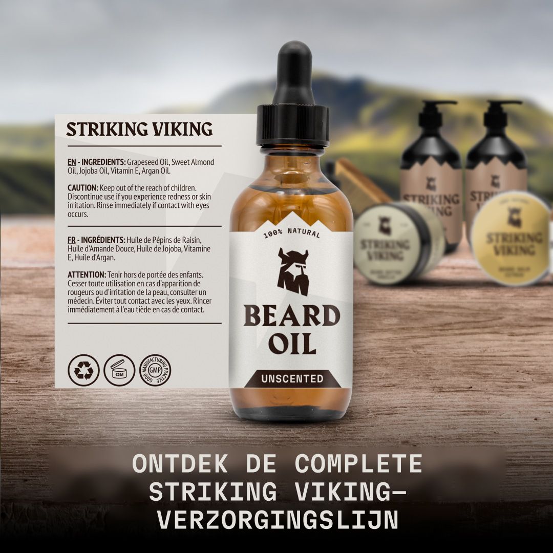 Baardolie fles met druppelaar, naast een informatiekaart en andere producten. Achtergrond: berglandschap.