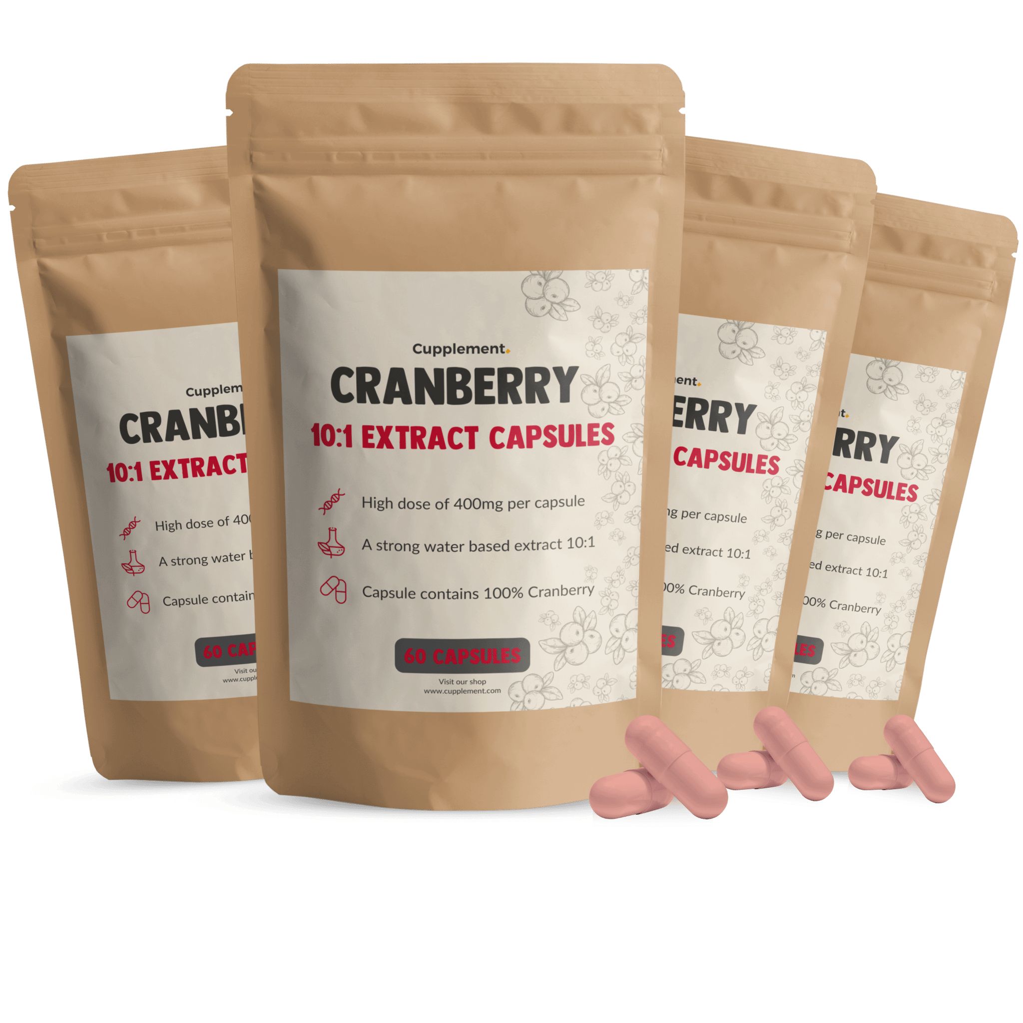 Meerdere zakjes cranberrycapsules. Opschrift: Cranberry 10:1 Extract Capsules. Roze capsules ernaast.